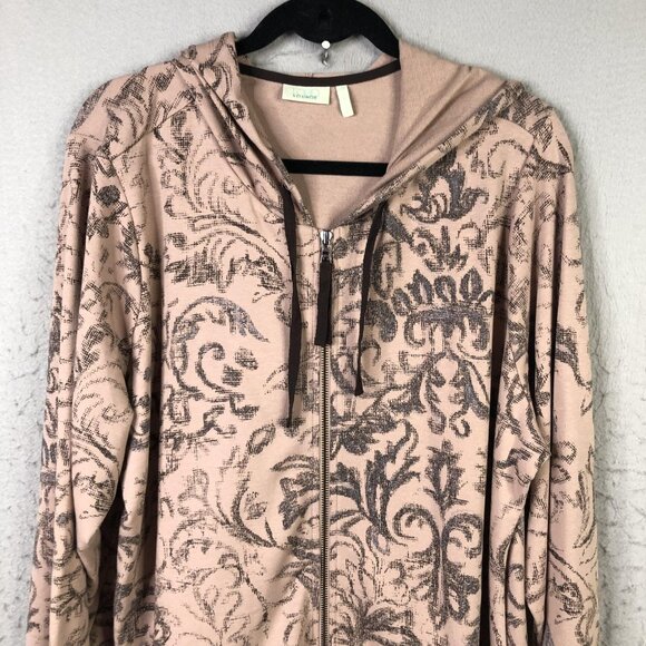 LOGO Lounge Hoodie Womens 2XL Pink Gray Damask Zip Front Pleated Mesh Hem Tunic - Picture 10 of 16